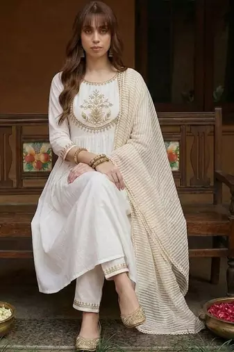 embroidered round neck kurta & trousers with dupatta