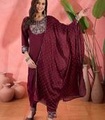 maroon floral yoke design sequinned straight kurta with trousers and dupatta