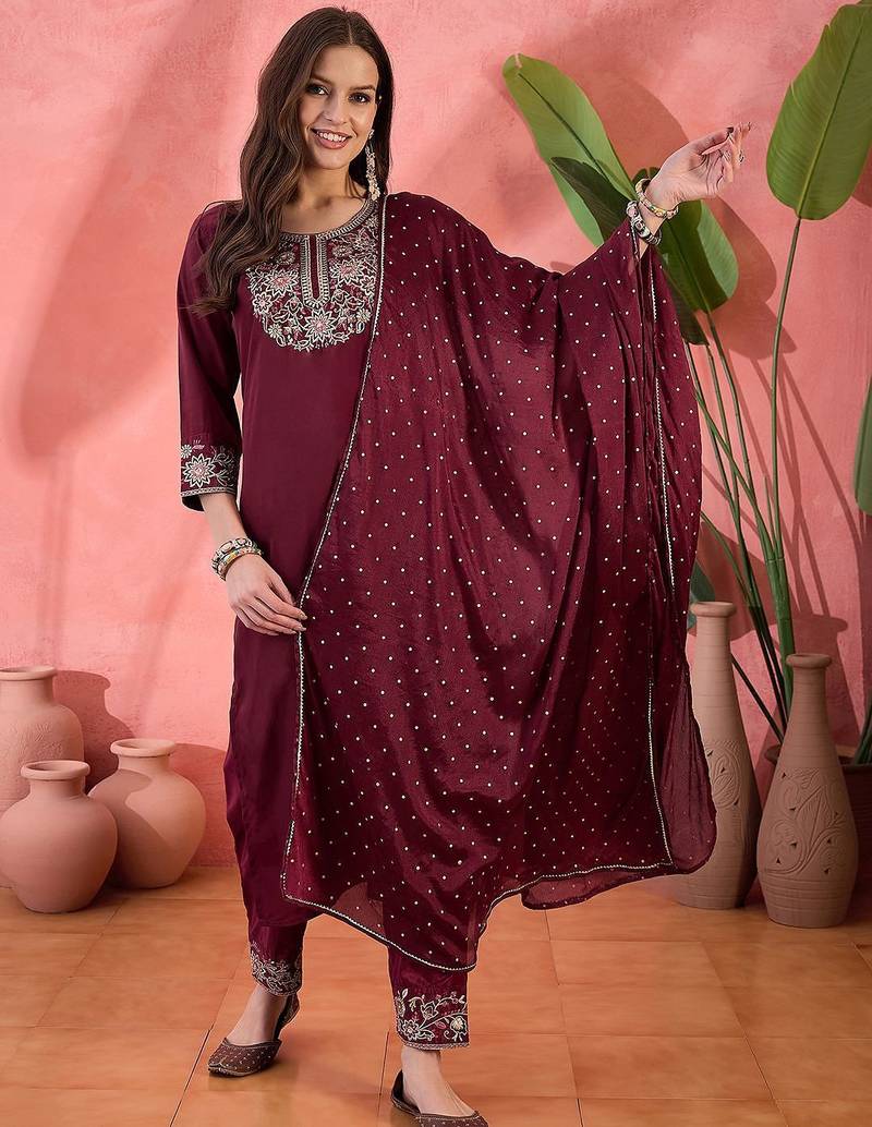 maroon floral yoke design sequinned straight kurta with trousers and dupatta