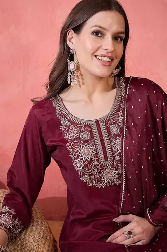 maroon floral yoke design sequinned straight kurta with trousers and dupatta