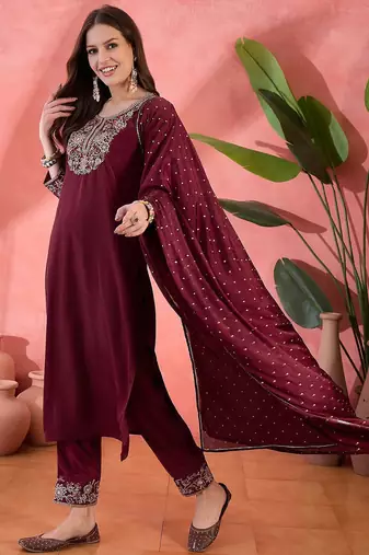 maroon floral yoke design sequinned straight kurta with trousers and dupatta