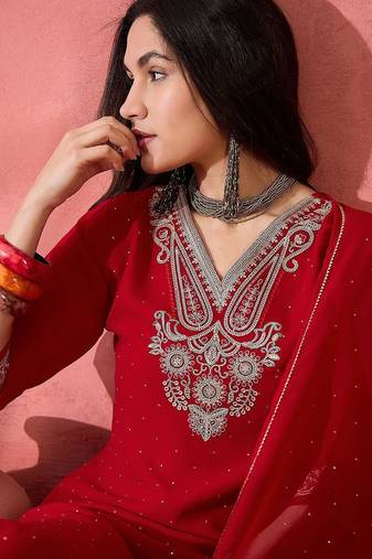 embroidered v-neck  kurta sets