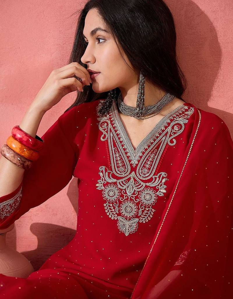 embroidered v-neck  kurta sets