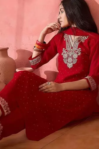 embroidered v-neck  kurta sets