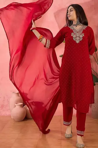 embroidered v-neck  kurta sets