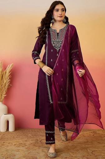 floral zari embroidered notch neck straight kurta with trousers & dupatta
