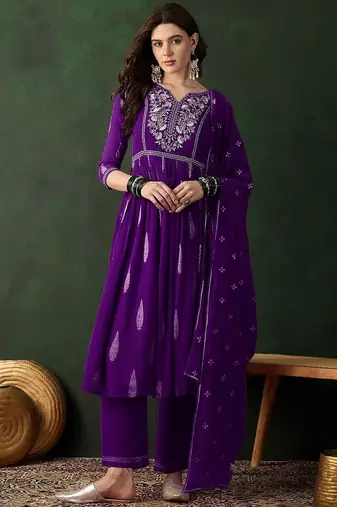 Floral embroidered thread work chinon silk a-line kurta with palazzos &  dupatta