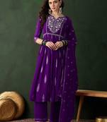 Floral embroidered thread work chinon silk a-line kurta with palazzos &  dupatta