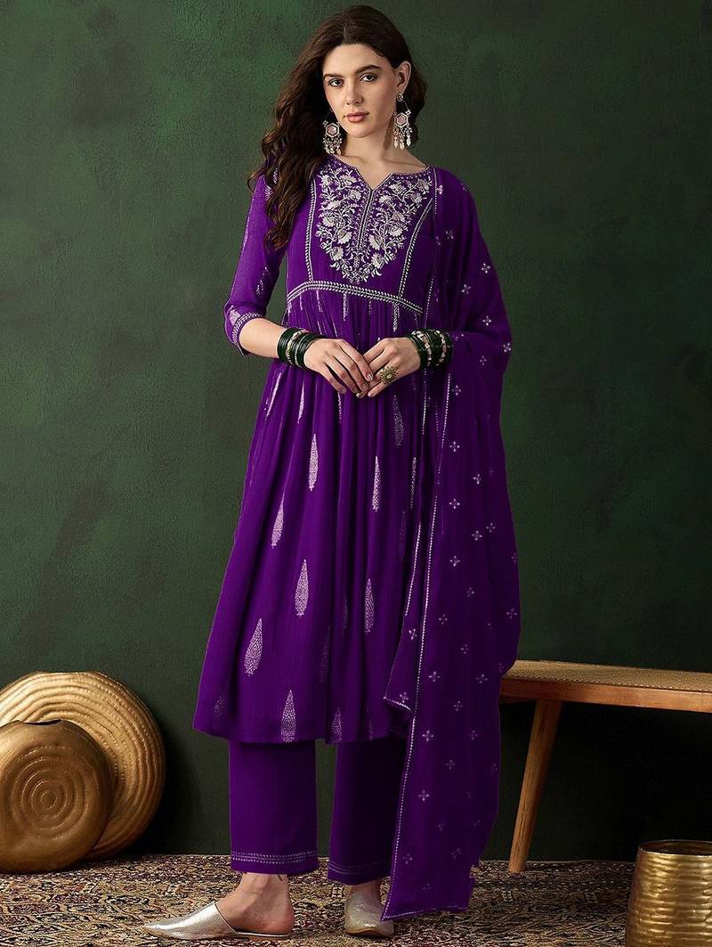 Floral embroidered thread work chinon silk a-line kurta with palazzos &  dupatta