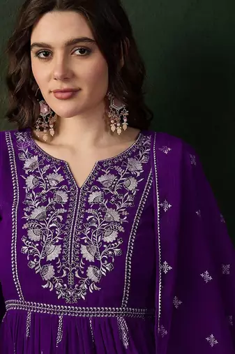 Floral embroidered thread work chinon silk a-line kurta with palazzos &  dupatta