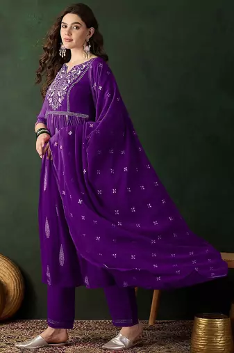 Floral embroidered thread work chinon silk a-line kurta with palazzos &  dupatta