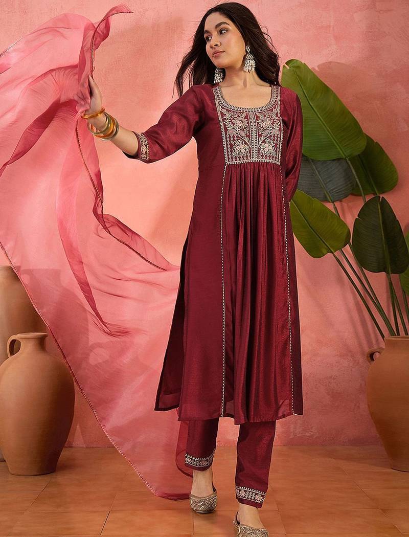floral embroidered round neck sequinned straight kurta with trousers and dupatta
