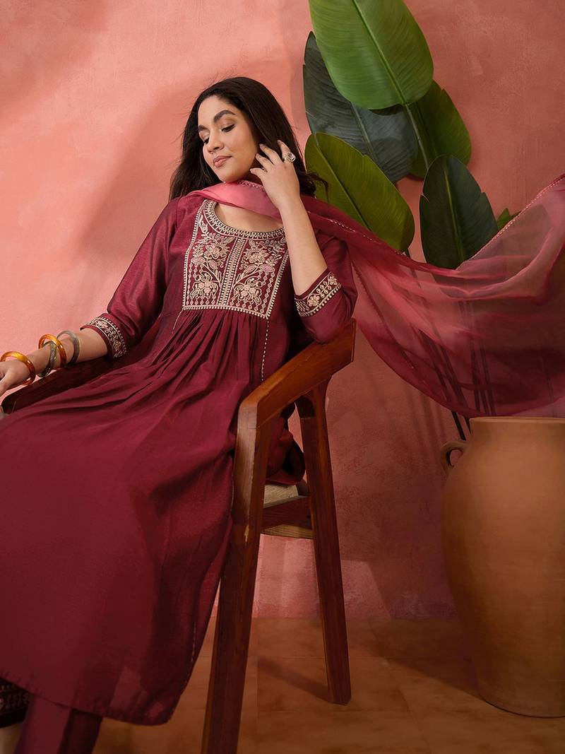 women ethnic motifs embroidered kurta with trousers & dupatta