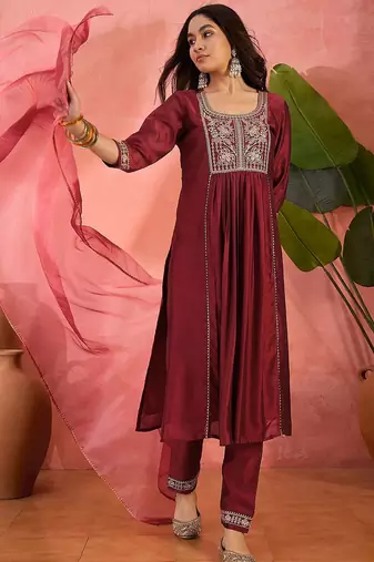 women ethnic motifs embroidered kurta with trousers & dupatta