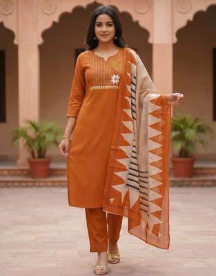 Women Ethnic Motifs Embroidered Thread Work Cotton Kurta with Trousers & With Dupatta 1