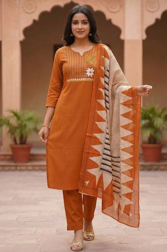 Women Ethnic Motifs Embroidered Thread Work Cotton Kurta with Trousers & With Dupatta