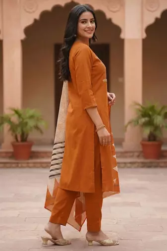 Women Ethnic Motifs Embroidered Thread Work Cotton Kurta with Trousers & With Dupatta