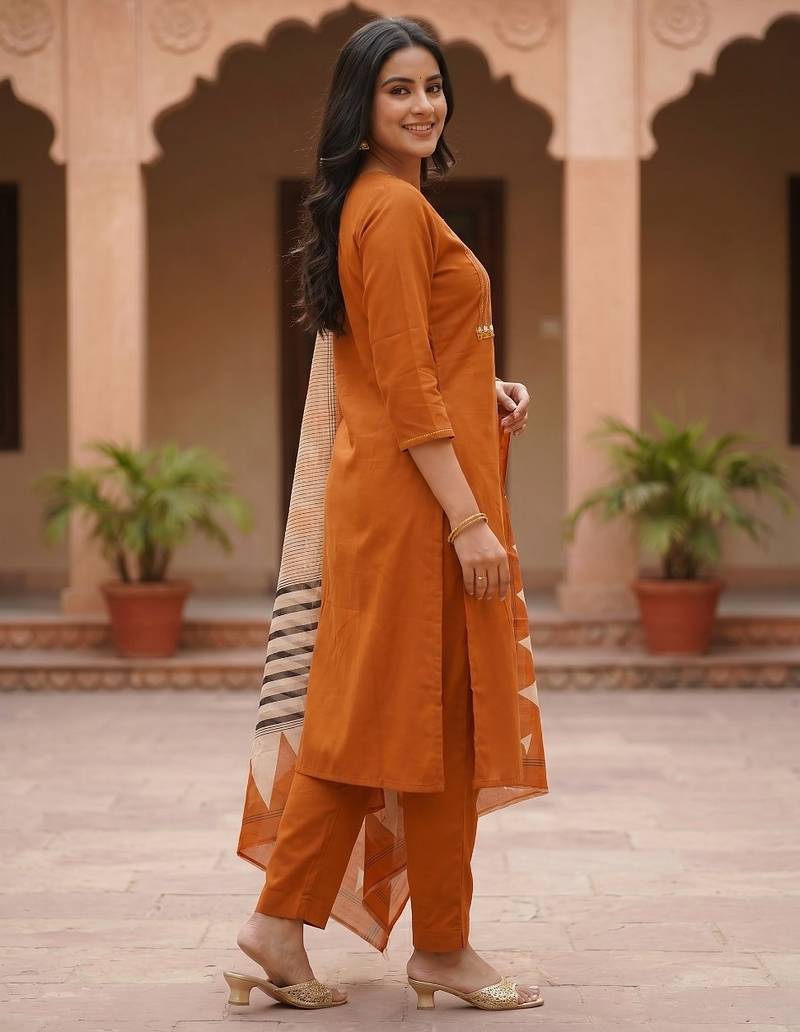 Women Ethnic Motifs Embroidered Thread Work Cotton Kurta with Trousers & With Dupatta
