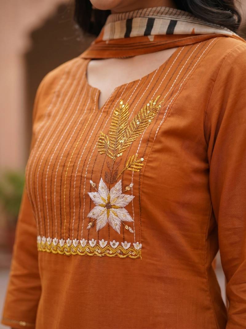 Women Ethnic Motifs Embroidered Thread Work Cotton Kurta with Trousers & With Dupatta