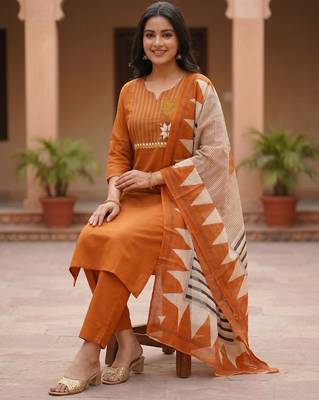 Women Ethnic Motifs Embroidered Thread Work Cotton Kurta with Trousers & With Dupatta 4