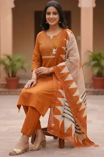 Women Ethnic Motifs Embroidered Thread Work Cotton Kurta with Trousers & With Dupatta