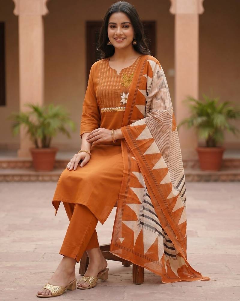 Women Ethnic Motifs Embroidered Thread Work Cotton Kurta with Trousers & With Dupatta