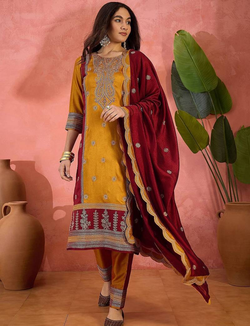 vichitra zari sequence embroidered kurta with trousers & dupatta