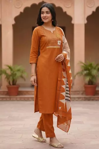 Women Ethnic Motifs Embroidered Thread Work Cotton Kurta with Trousers & With Dupatta