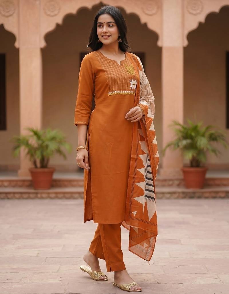Women Ethnic Motifs Embroidered Thread Work Cotton Kurta with Trousers & With Dupatta