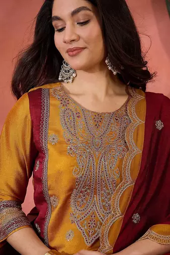 vichitra zari sequence embroidered kurta with trousers & dupatta