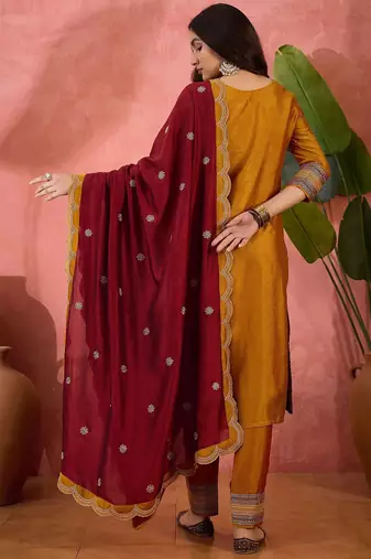 vichitra zari sequence embroidered kurta with trousers & dupatta