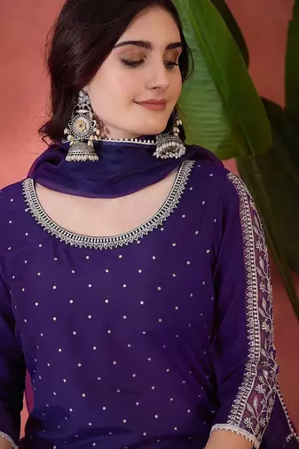 zari sequence embroidered straight kurta & trousers with dupatta