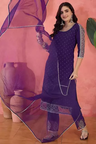 zari sequence embroidered straight kurta & trousers with dupatta