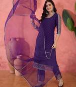 zari sequence embroidered straight kurta & trousers with dupatta