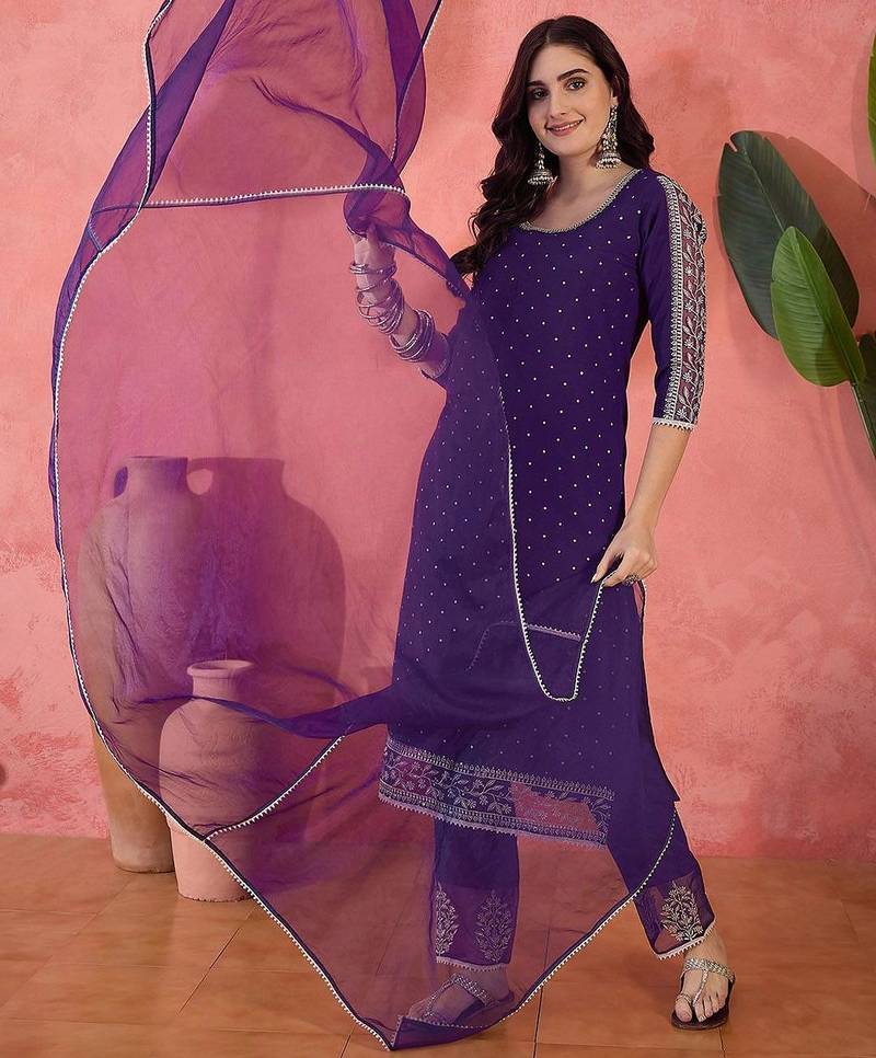 zari sequence embroidered straight kurta & trousers with dupatta