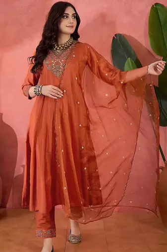 zari sequence embroidered a-line kurta & trousers with dupatta