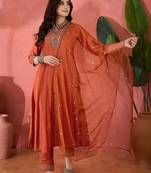 zari sequence embroidered a-line kurta & trousers with dupatta