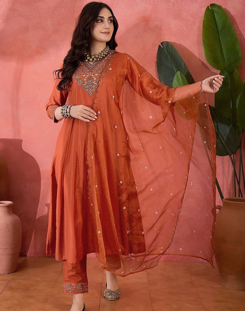 zari sequence embroidered a-line kurta & trousers with dupatta