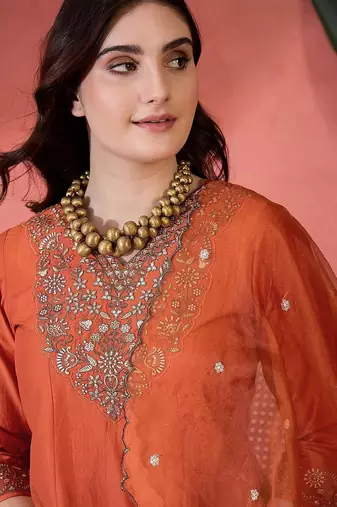 zari sequence embroidered a-line kurta & trousers with dupatta