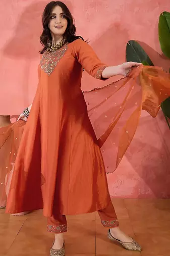 zari sequence embroidered a-line kurta & trousers with dupatta