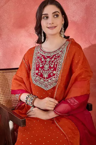 polka dots printed v-neck thread work georgette kurta with trousers & dupatta