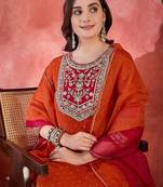 polka dots printed v-neck thread work georgette kurta with trousers & dupatta