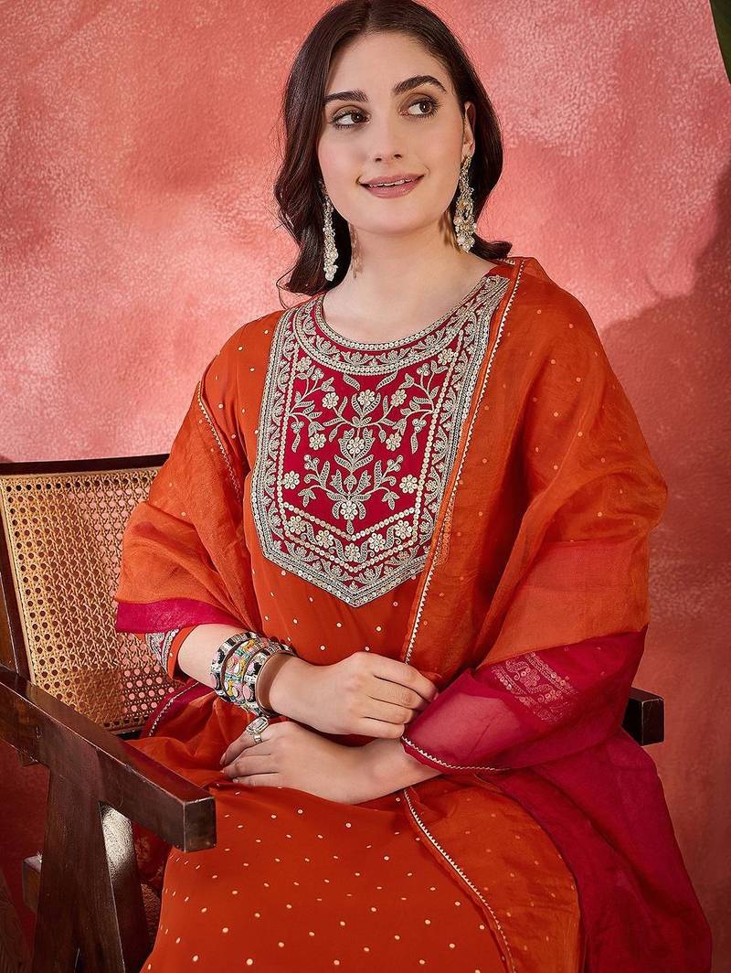 polka dots printed v-neck thread work georgette kurta with trousers & dupatta
