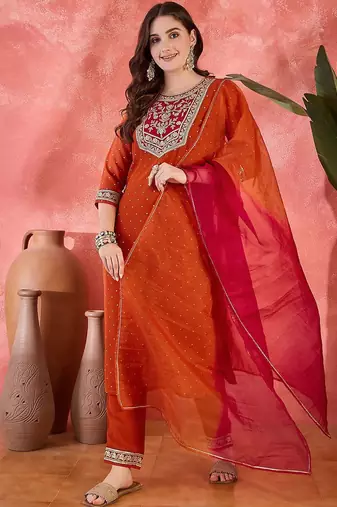 polka dots printed v-neck thread work georgette kurta with trousers & dupatta