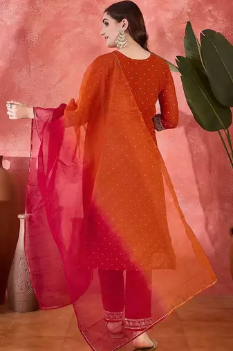 polka dots printed v-neck thread work georgette kurta with trousers & dupatta