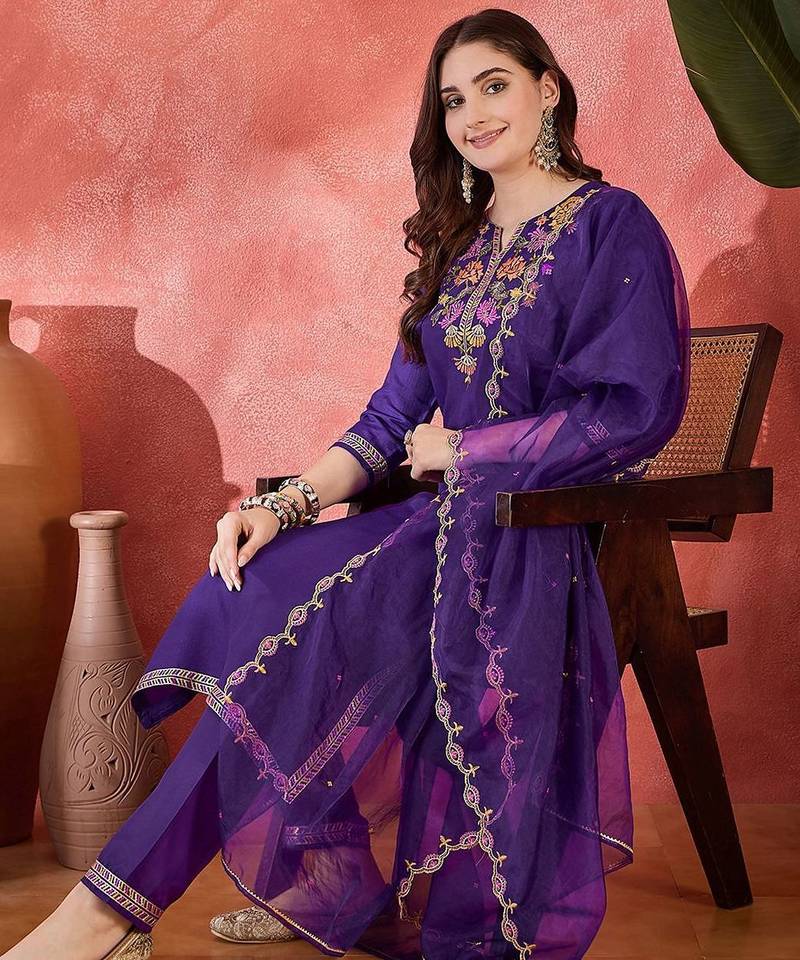 women thread zari sequence embroidered kurta set with dupatta