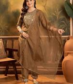 thread zari sequence embroidered with foil printed kurta with trousers & dupatta