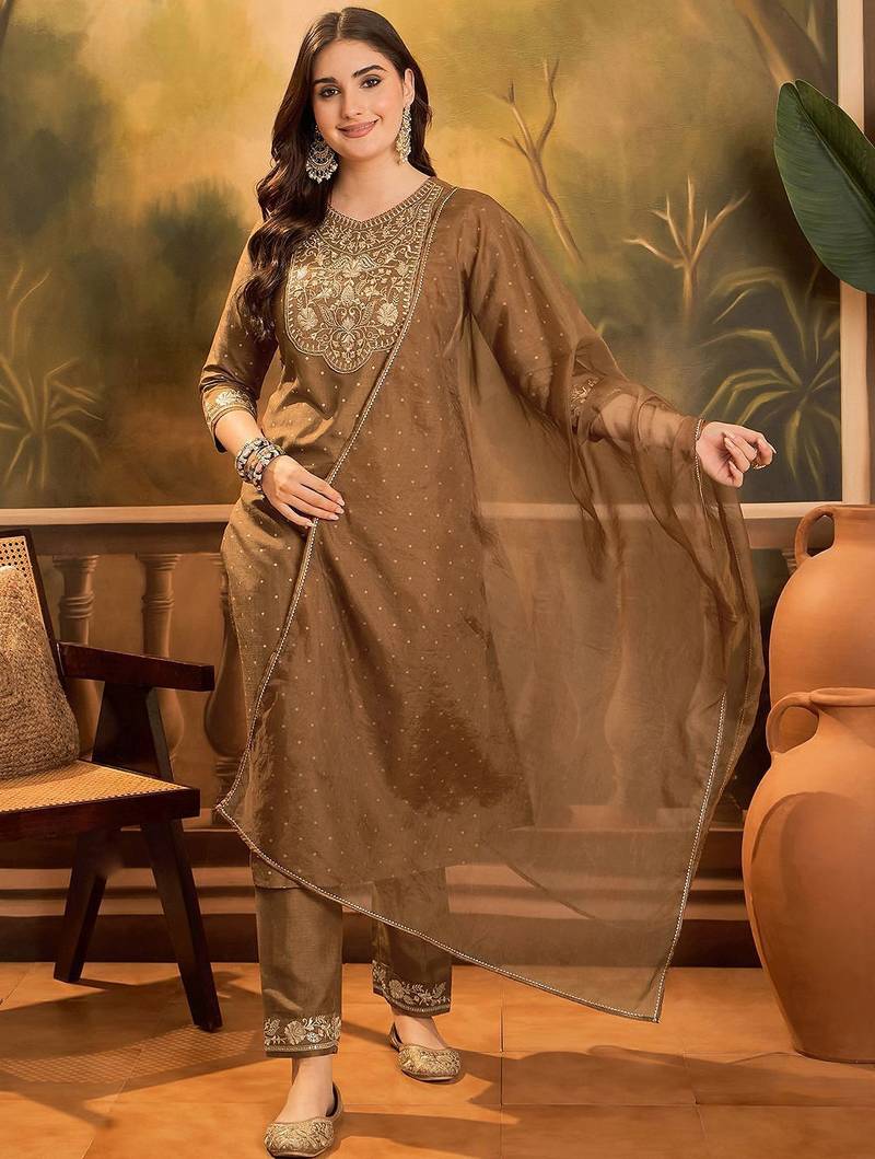 thread zari sequence embroidered with foil printed kurta with trousers & dupatta