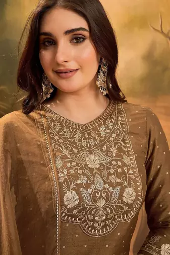 thread zari sequence embroidered with foil printed kurta with trousers & dupatta