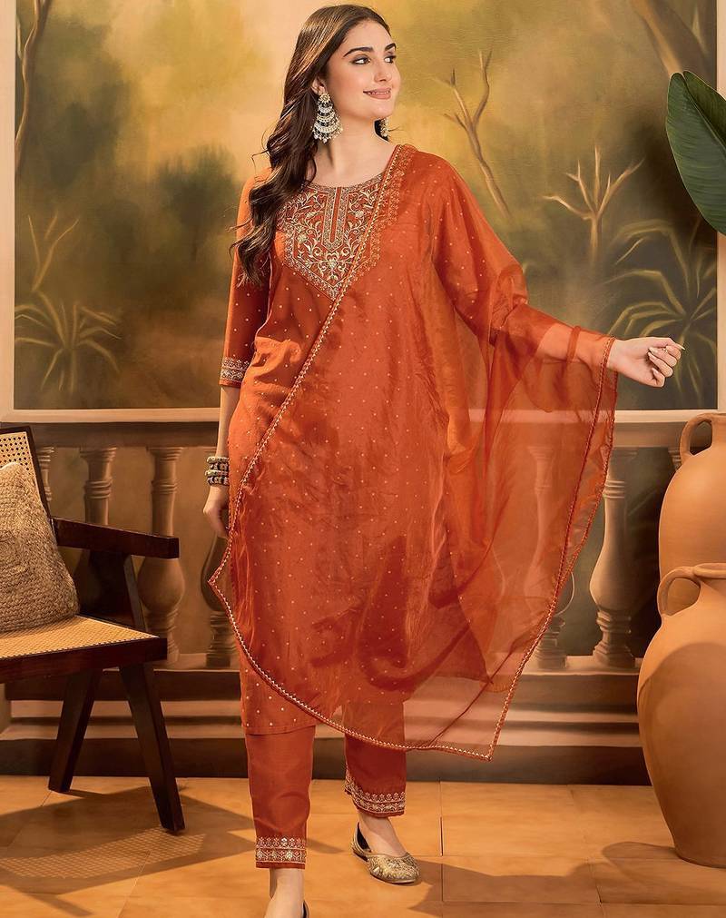 polka dots printed v-neck thread work chinon kurta with trousers & dupatta